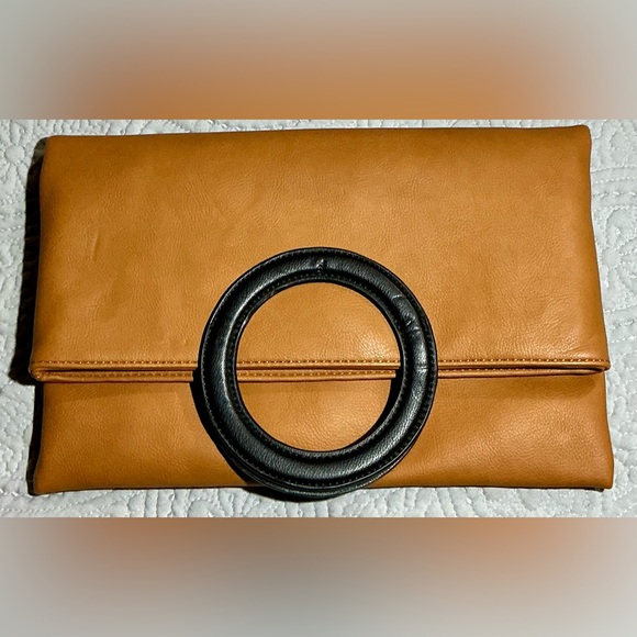 Anthropologie Handbags - Anthropologie Camel Tan Clutch with Black Ring Handle